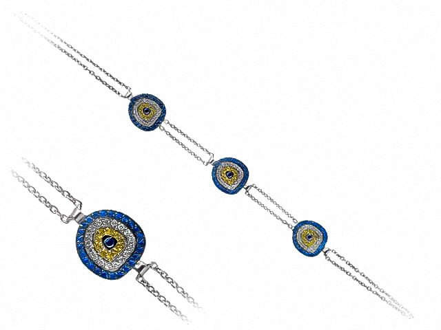 Weißgold-Armband mit Nazar-Augen, Diamanten & Saphiren - 14K - hochwertiger Schmuck von Rosy Lab Diamonds