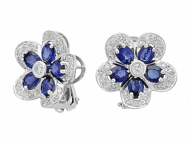 Saphir-Blumen-Ohrclips mit Diamanten aus 14K Weißgold | 4,05 ct - hochwertiger Schmuck von Rosy Lab Diamonds