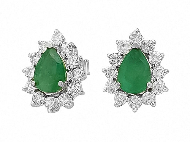 Noble drop-shaped emerald and diamond stud earrings made of 14K white gold