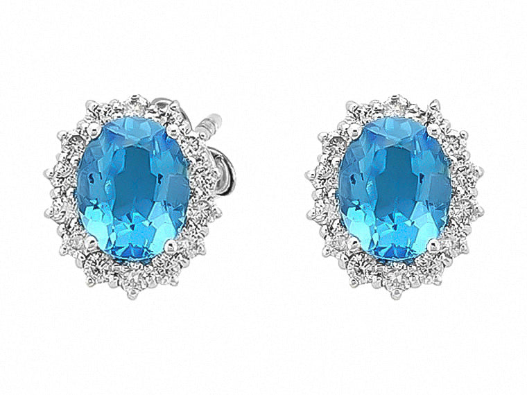 Grandes boucles d’oreilles Anturaj avec topazes bleues et diamants – Or Blanc 14 carats – Bijoux haut de gamme de Rosy Lab Diamonds