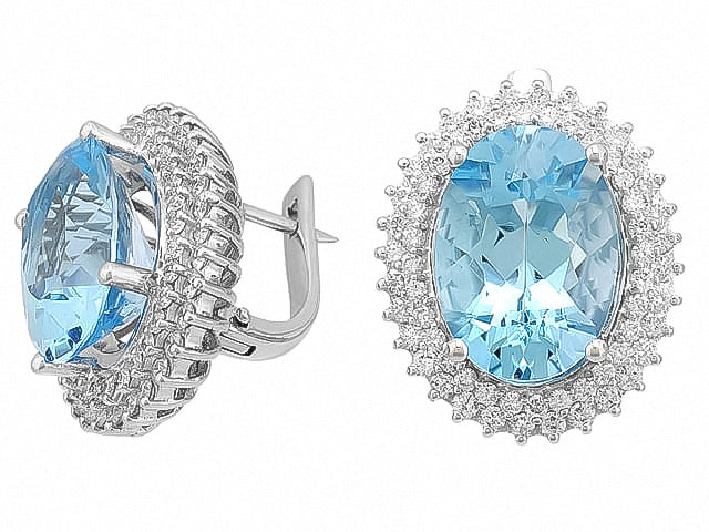 Boucles d'oreilles avec topaze bleue ovale et diamants – 16,78 ct + 1,84 ct – or blanc 14 carats