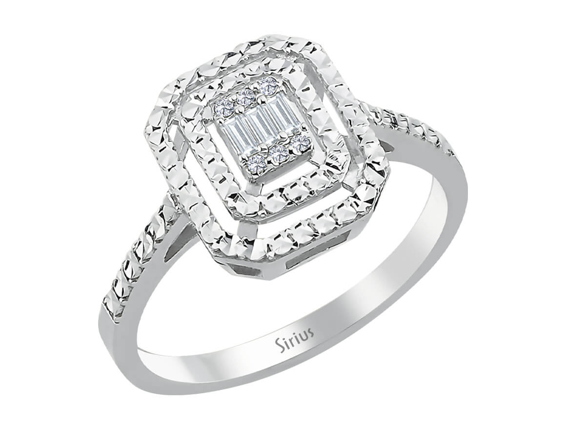 Bague géométrique avec diamants de laboratoire taille baguette et ronde