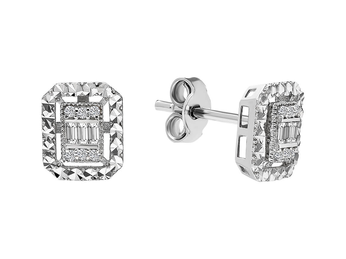 Stud Earrings with Baguette and Round Brilliant Cut Lab-Grown Diamonds, 0.11 Carats, in 333 White Gold – High-Quality Jewelry by Rosy Lab Diamonds