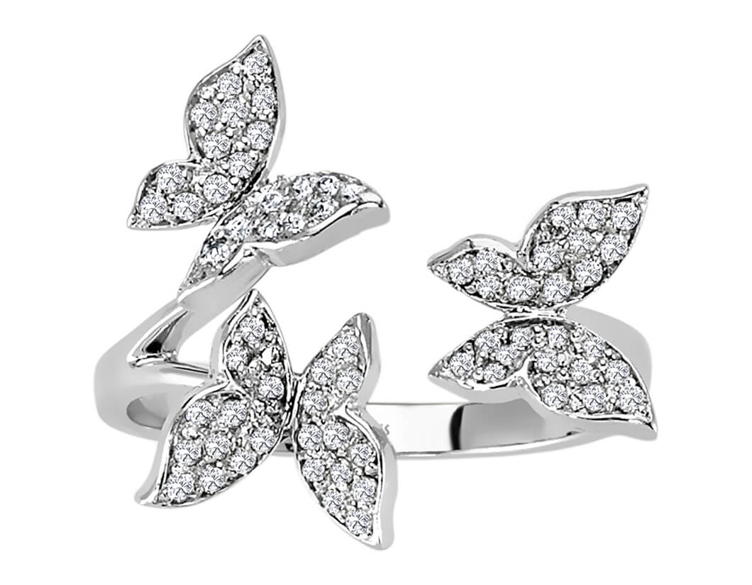 Bague élégante avec trois papillons et des diamants cultivés en laboratoire – or 14 carats – Bijoux haut de gamme de Rosy Lab Diamonds