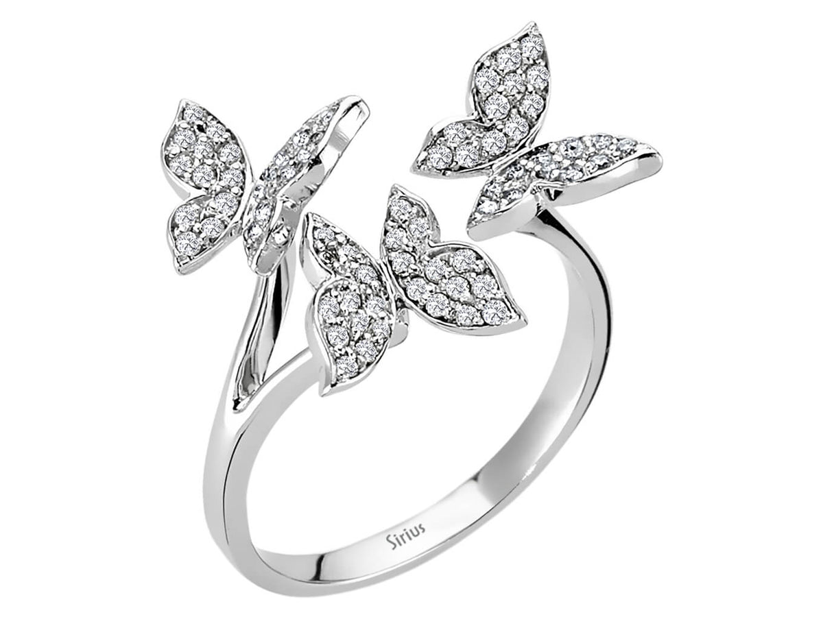 Bague élégante avec trois papillons et des diamants cultivés en laboratoire – or 14 carats – Bijoux haut de gamme de Rosy Lab Diamonds