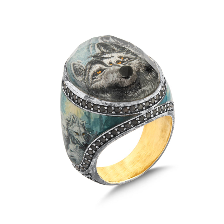 Bague Northern Wolf Spirit | Bijoux artistiques peints à la main avec motif de loup