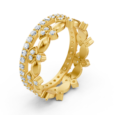 Bague en or jaune florale avec motif floral et 67 diamants de laboratoire