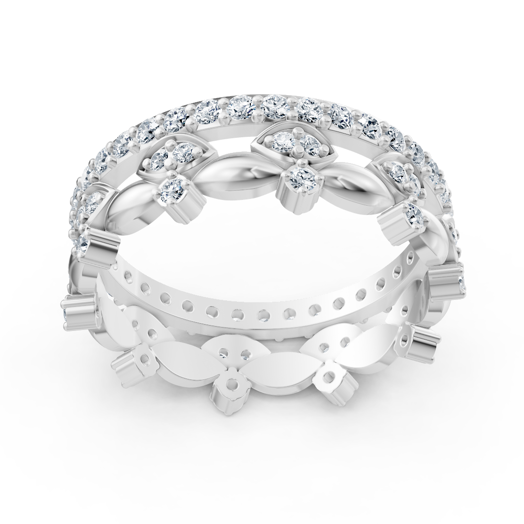 Bague en or blanc florale avec motif floral et 67 diamants de laboratoire