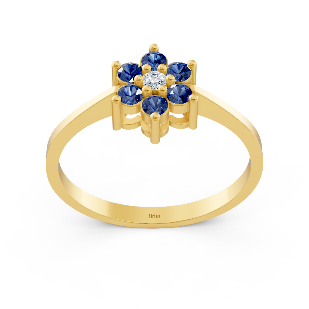 Delicate yellow gold ring with sapphires and diamond