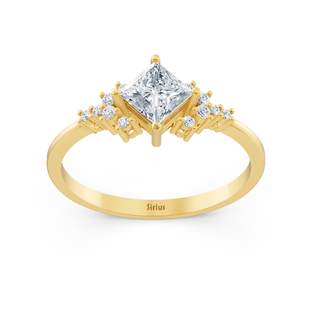 Aurelia engagement ring with princess and round cut lab-grown diamonds & sapphires in 14K yellow gold