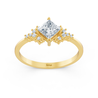 Aurelia engagement ring with princess and round cut lab-grown diamonds & sapphires in 14K yellow gold