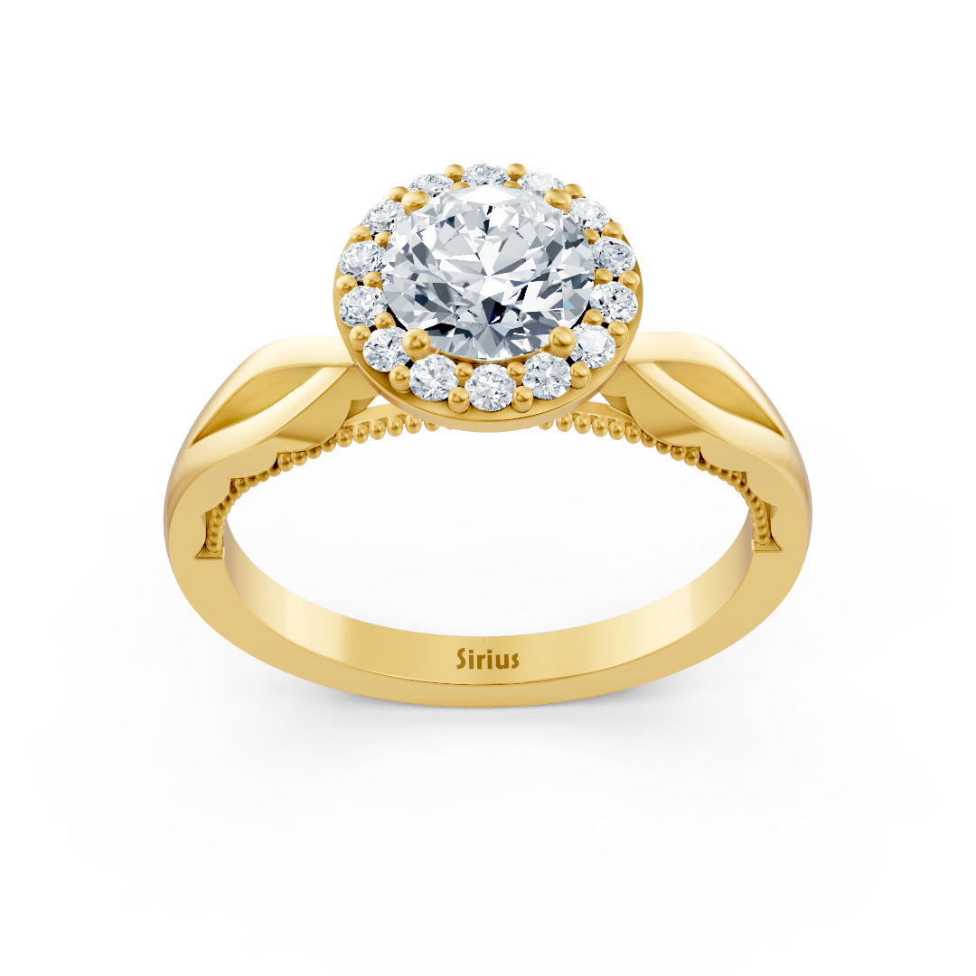 خاتم سوليتير من الذهب أصفر مع هالة من الألماس المزروع في المختبر - مجوهرات فاخرة من Rosy Lab Diamonds