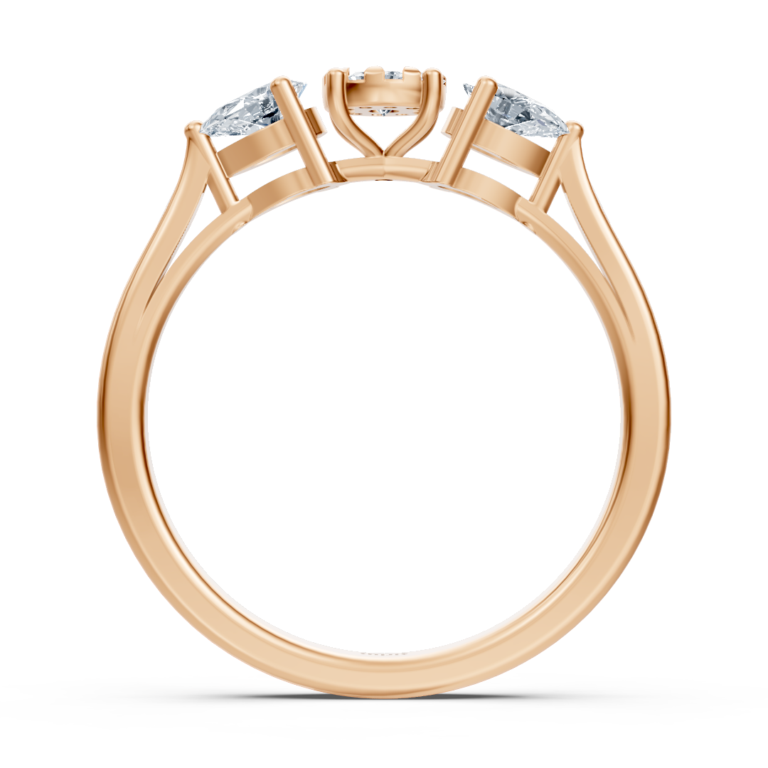 Bague en diamant à trois pierres avec taille poire et Taille Brillant Rond – Or Rose 14 carats – Bijoux haut de gamme de Rosy Lab Diamonds
