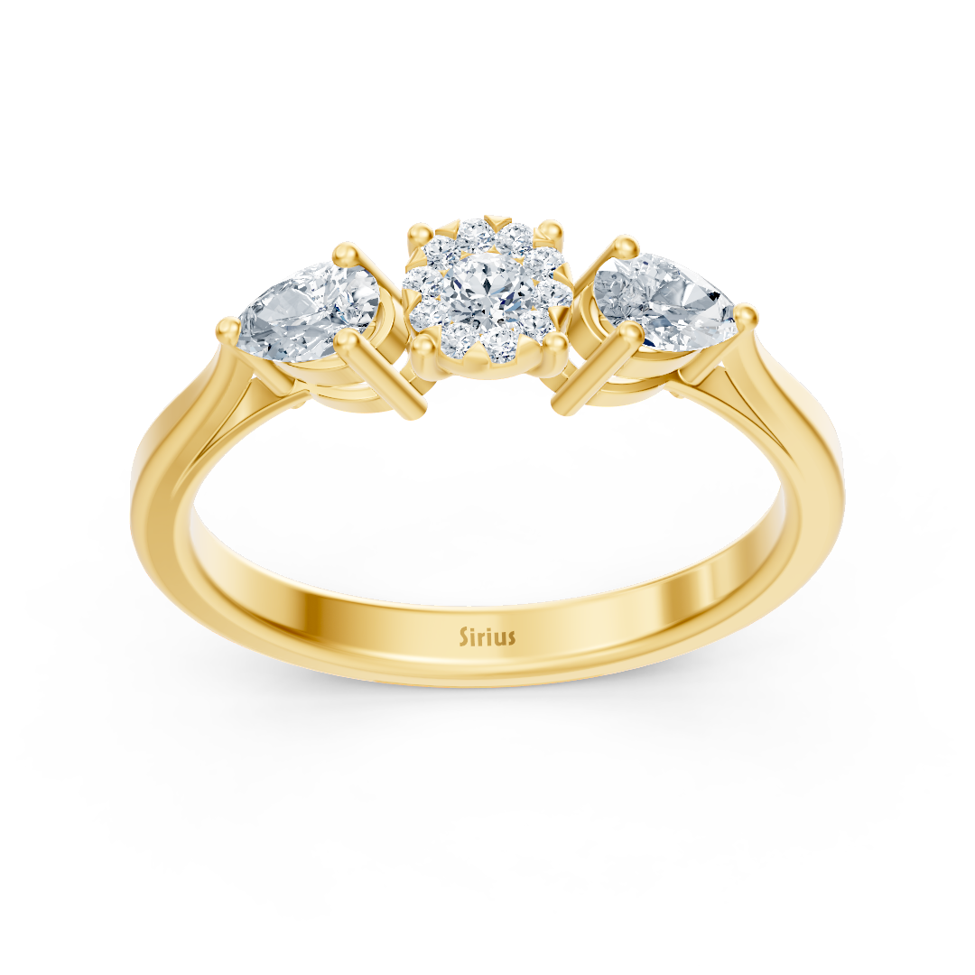 Dreistein-Diamantring mit Tropfen- und Rundschliff – 14K Gelbgold