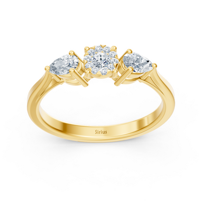 Dreistein-Diamantring mit Tropfen- und Rundschliff – 14K Gelbgold