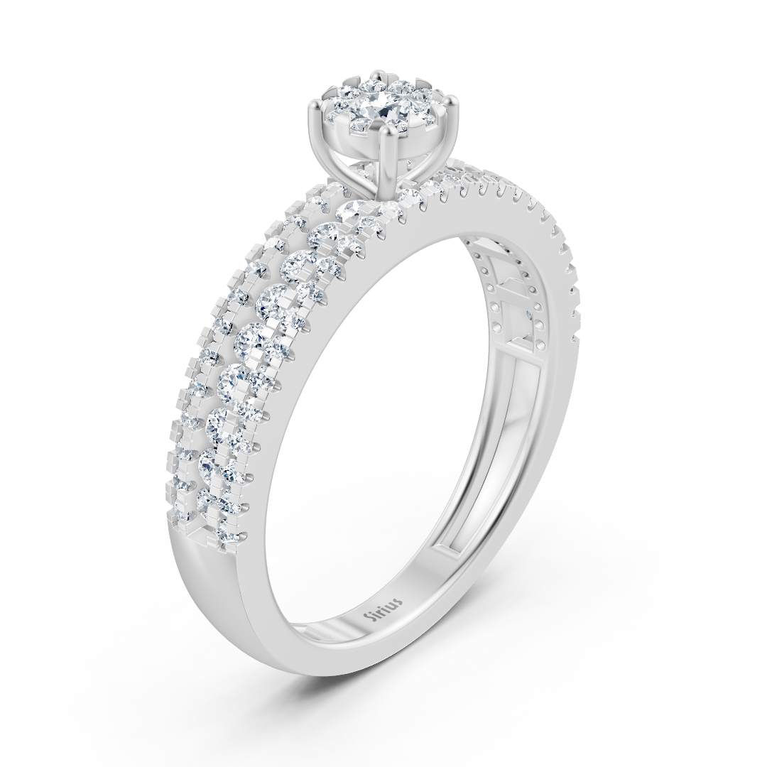 Bague de fiançailles à trois rangs avec diamant central – 14K or blanc v1