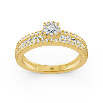 Dreireihiger Verlobungsring mit Mittelstein – 14K Gelbgold v1