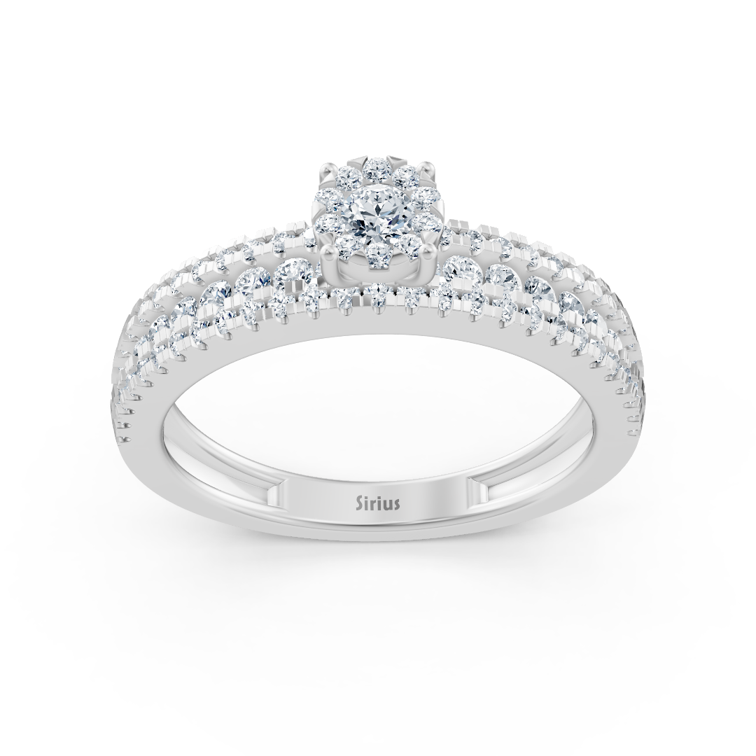 Bague de fiançailles à trois rangs avec diamant central – 14K or blanc v1