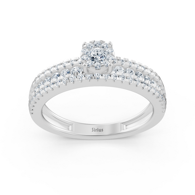 Bague de fiançailles à trois rangs avec diamant central – 14K or blanc v1