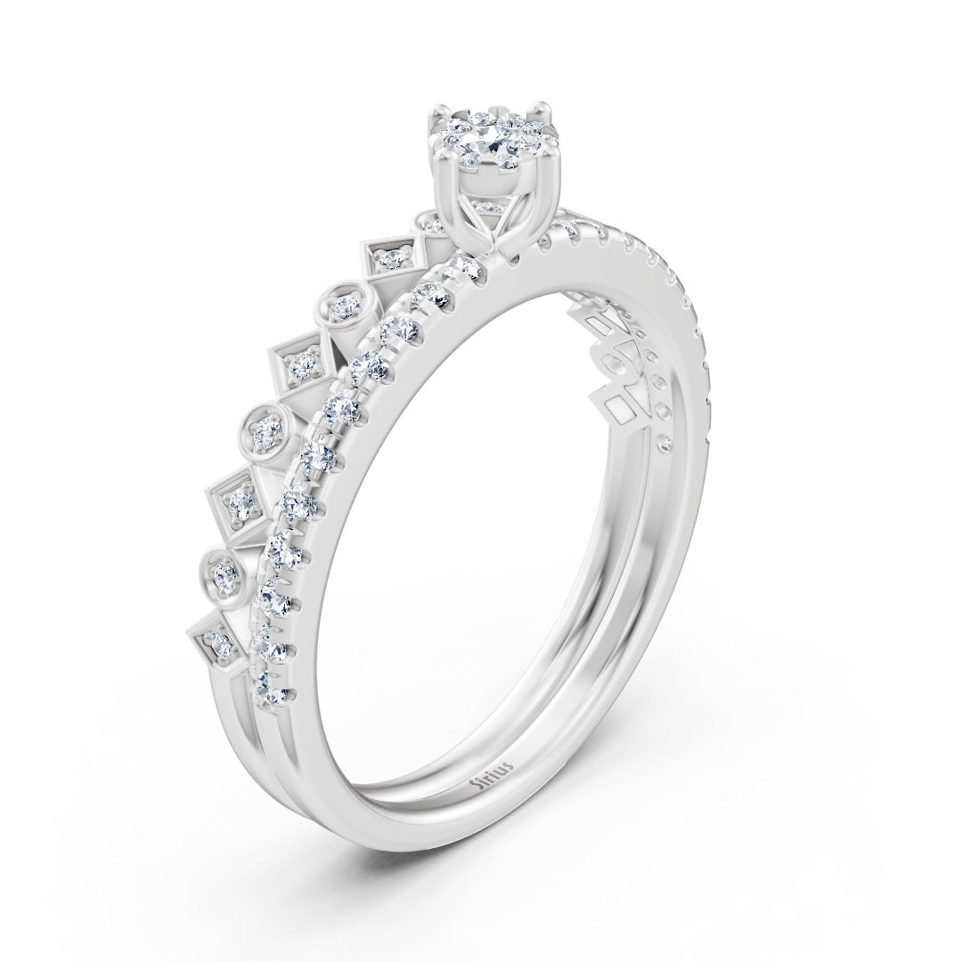 Solitärring mit Pavé und architektonischen Details – 14K Weißgold