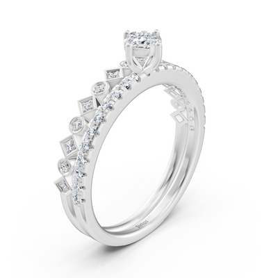 Solitärring mit Pavé und architektonischen Details – 14K Weißgold