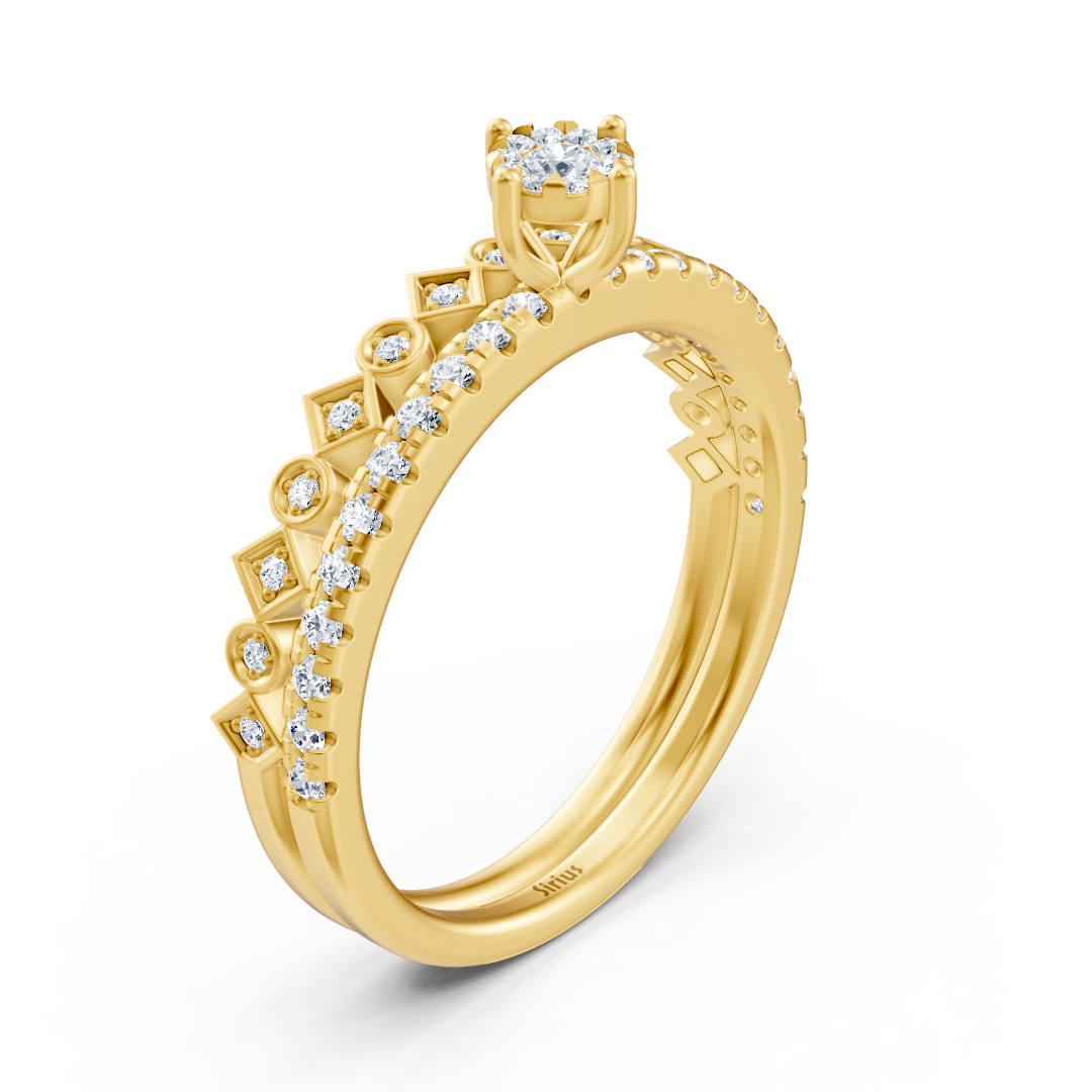 Solitaire ring with pavé and geometric accents – 14K yellow gold