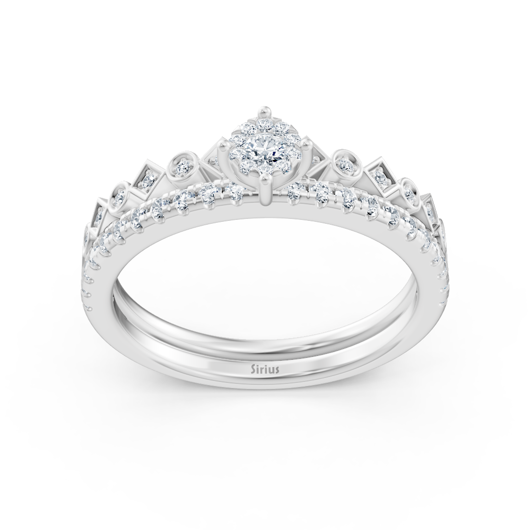 Solitärring mit Pavé und architektonischen Details – 14K Weißgold