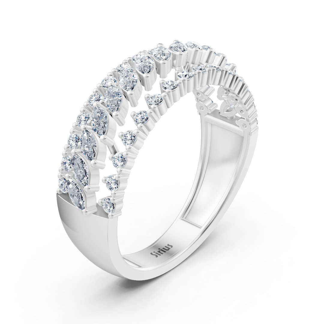 14K white gold ring with marquise and round cut lab diamonds in open fan pattern