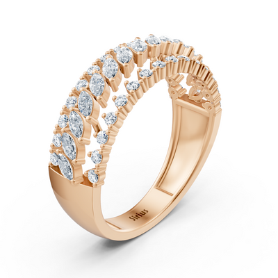 14K rose gold ring with marquise and round cut lab diamonds in open fan pattern