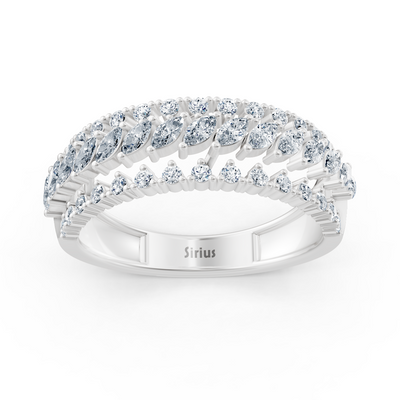 14K white gold ring with marquise and round cut lab diamonds in open fan pattern
