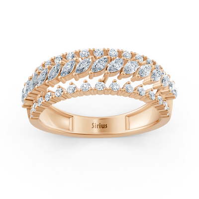 14K rose gold ring with marquise and round cut lab diamonds in open fan pattern