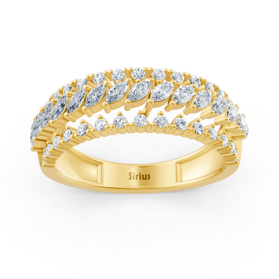 14K yellow gold ring with marquise and round cut lab diamonds in open fan pattern