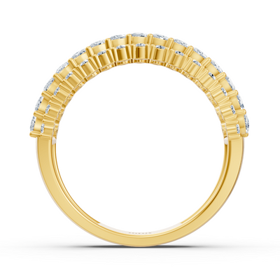 14K yellow gold ring with marquise and round cut lab diamonds in open fan pattern