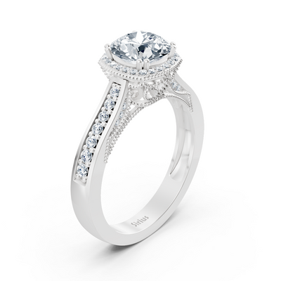 Elegant white gold ring with halo and sparkling lab diamonds