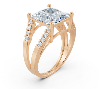 Modern rose gold solitaire ring with princess cut and accent diamonds