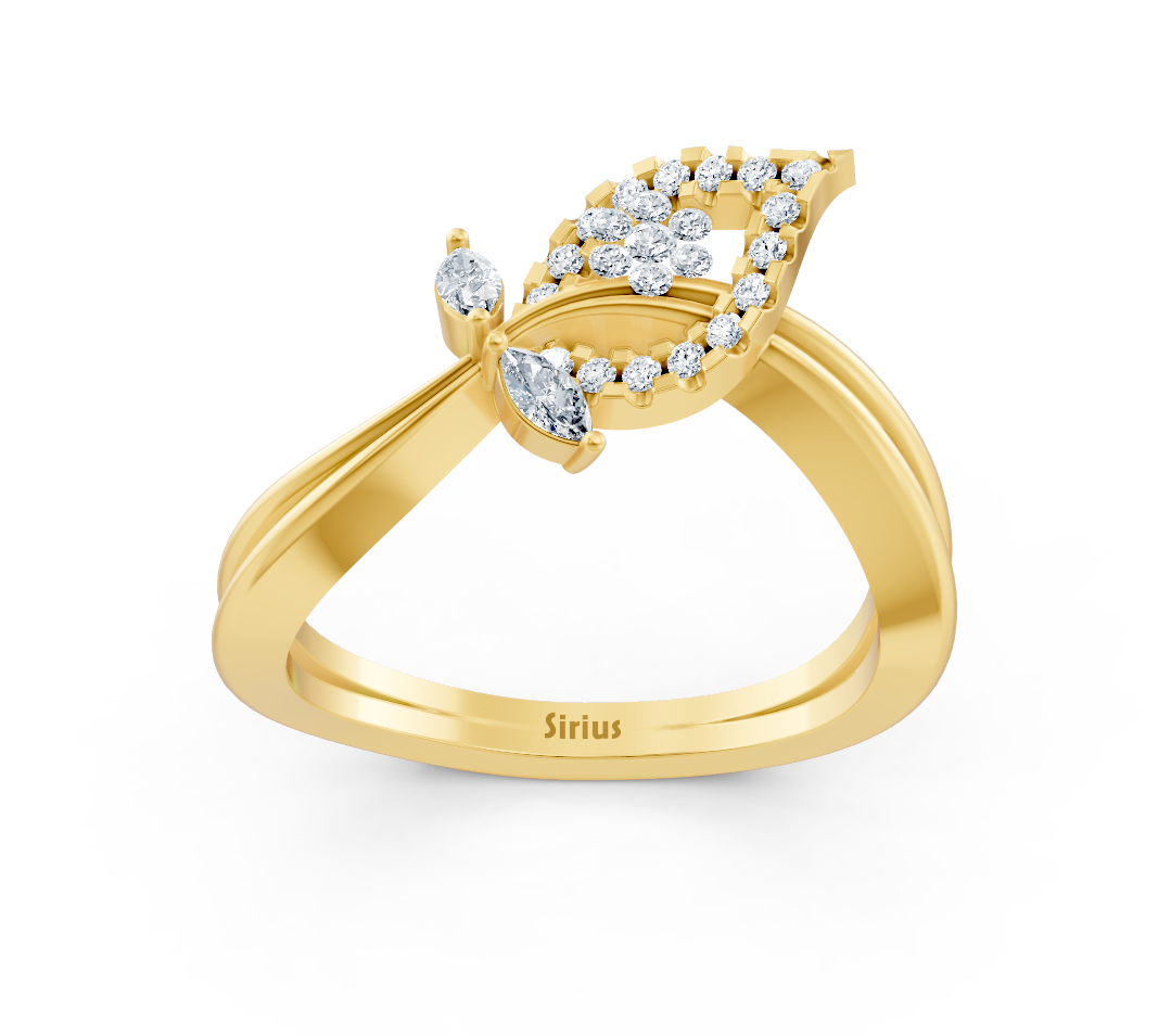 Yellow gold ring with round and marquise diamonds in teardrop shape