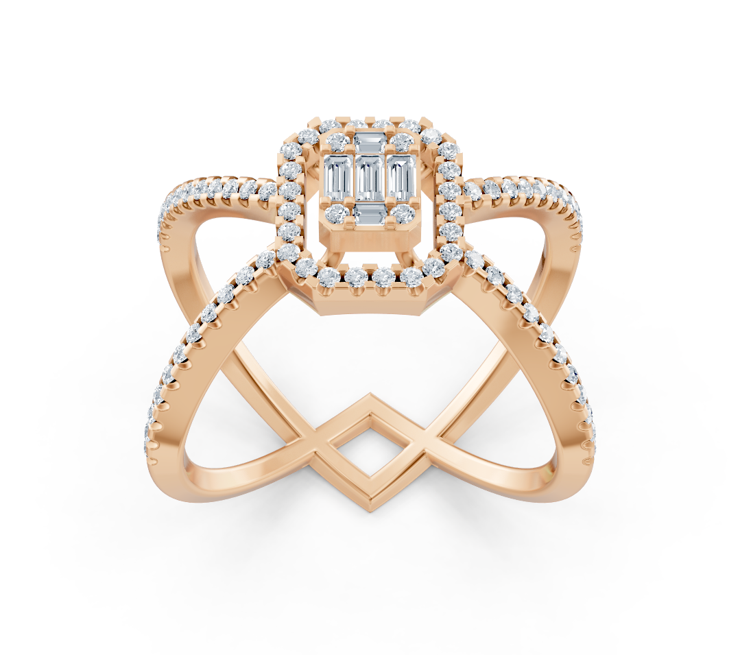 Baguet ve yuvarlak laboratuvar pırlantalı pembe altın yüzük - Rosy Lab Diamonds'tan kaliteli Mücevher