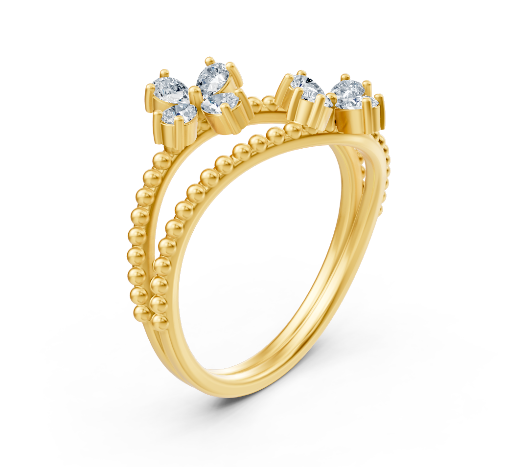 Yellow gold double ring with pear lab diamonds