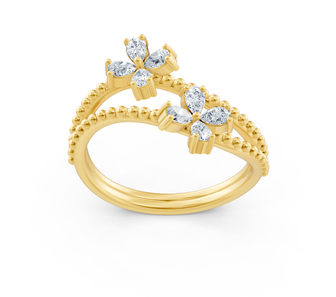 Yellow gold double ring with pear lab diamonds