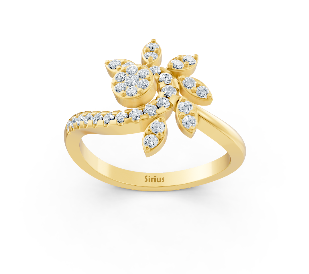 Yellow gold ring with round diamonds in floral shape