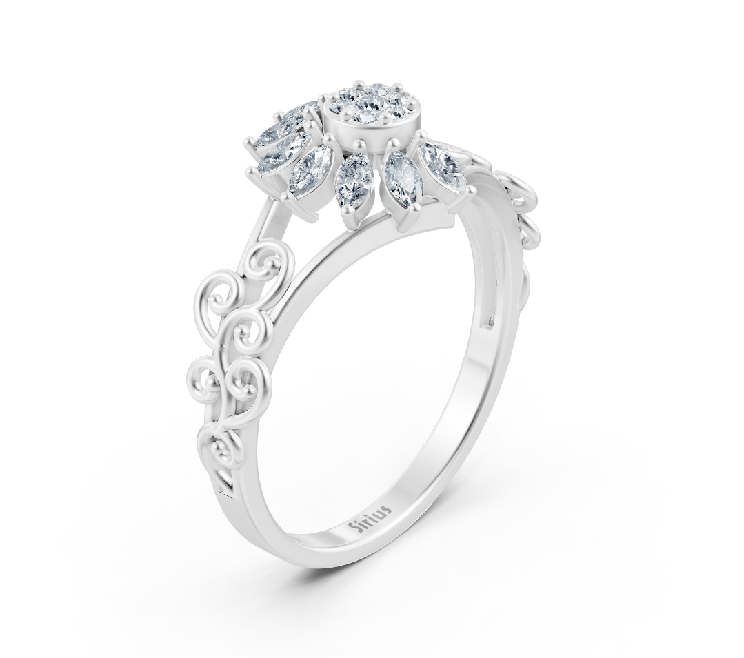 Weißgoldener Ring mit floralen Ornamenten und Labordiamanten