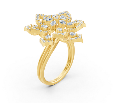 Yellow gold ring with lab diamonds in floral blossom shape