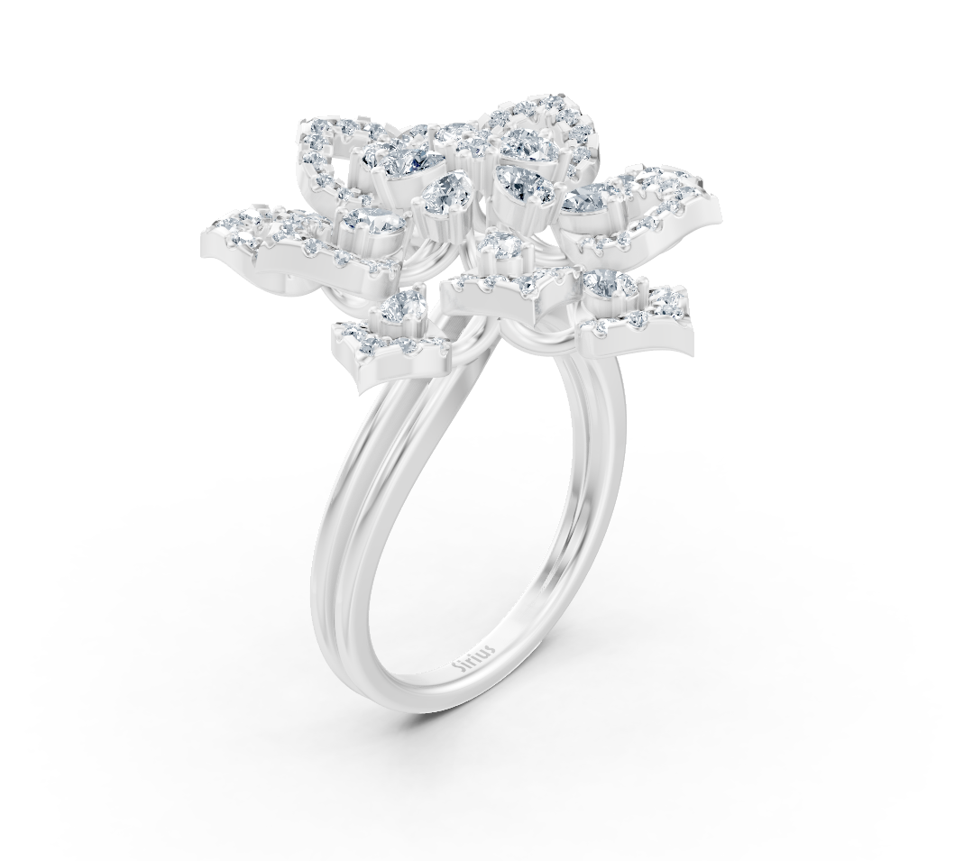 Bague en or blanc ornée de diamants de laboratoire en forme de fleurs florales - bijoux haut de gamme de Rosy Lab Diamonds