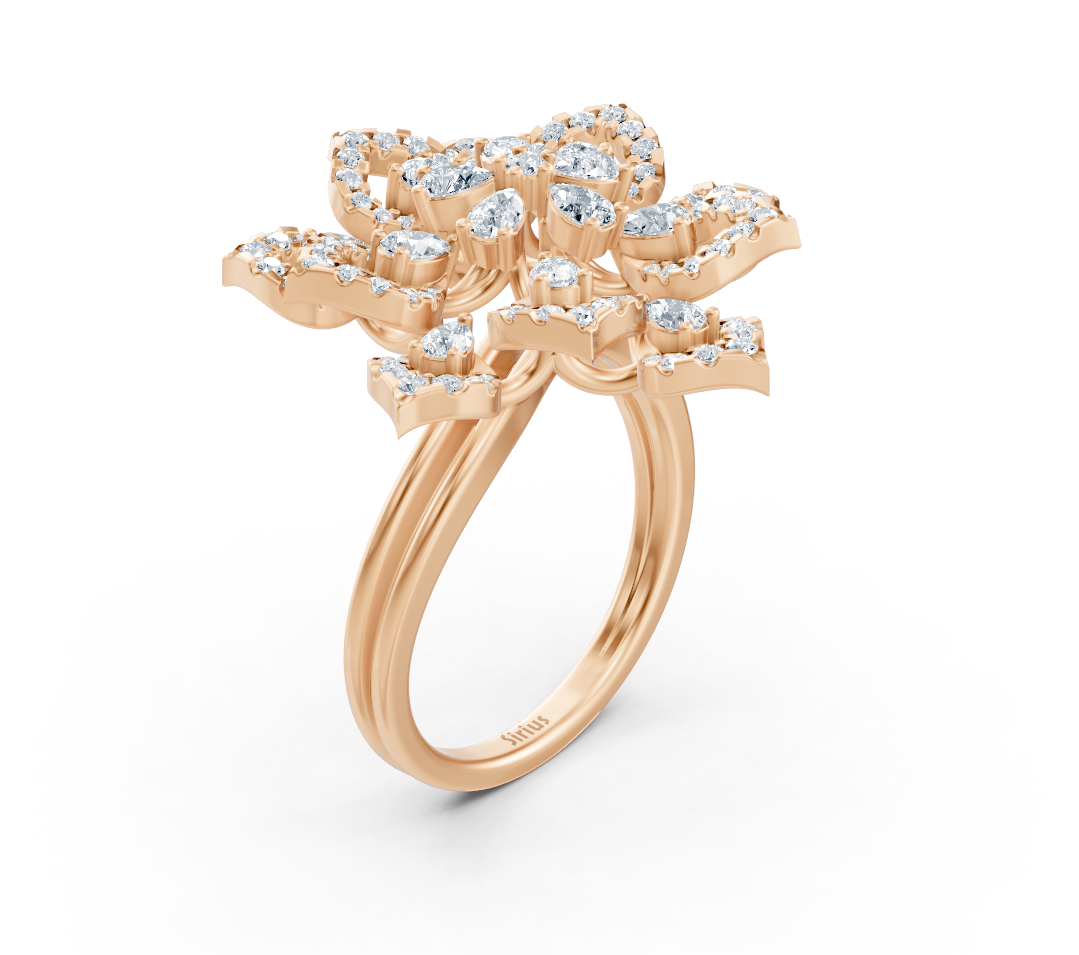 Bague en or rose avec diamants de laboratoire en forme de fleur florale – bijou haut de gamme de Rosy Lab Diamonds