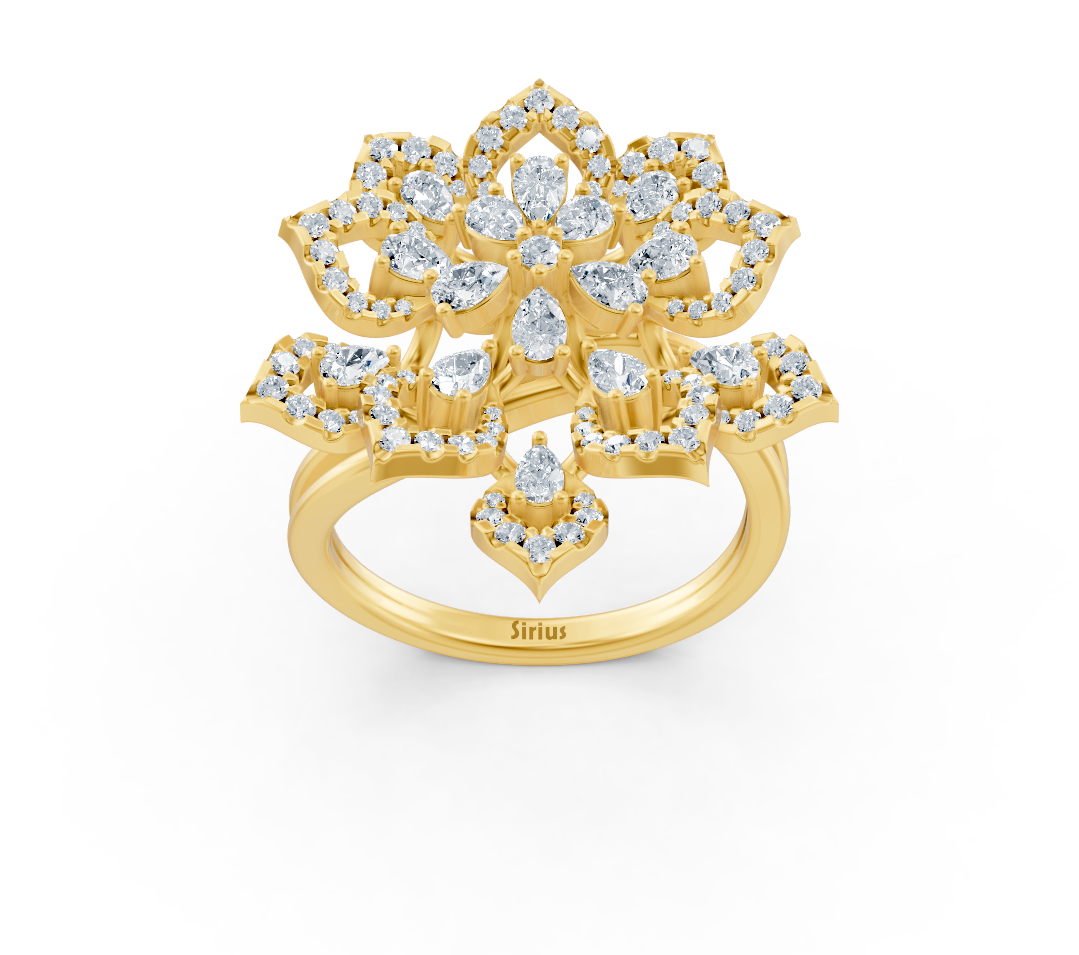 خاتم من الذهب الأصفر مرصّع بألماس مختبري على شكل زهرة نباتية - مجوهرات فاخرة من Rosy Lab Diamonds