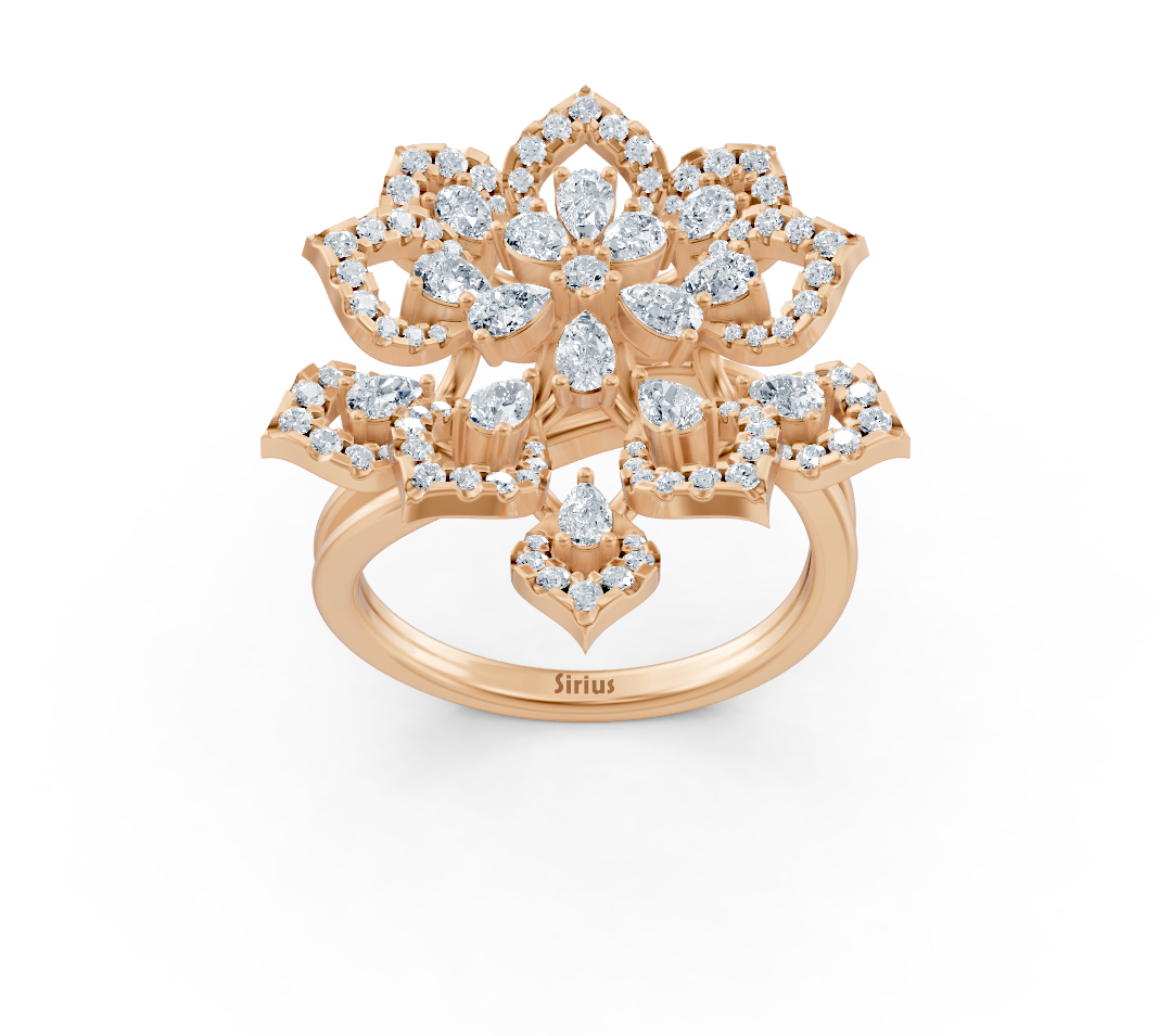 Bague en or rose avec des diamants de laboratoire en forme de fleur florale – un bijou haut de gamme de Rosy Lab Diamonds