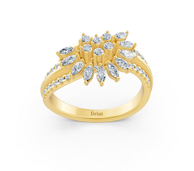 Yellow gold ring with marquise and round lab diamonds