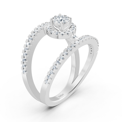 Ensemble moderne de bagues de fiançailles avec halo – 14K or blanc