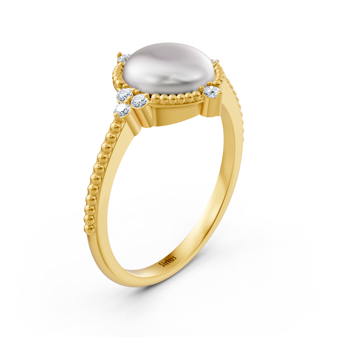 Bague élégante avec perle cabochon et diamants en Or Jaune 14 K - 77R0249 - Bijoux haut de gamme de Rosy Lab Diamonds