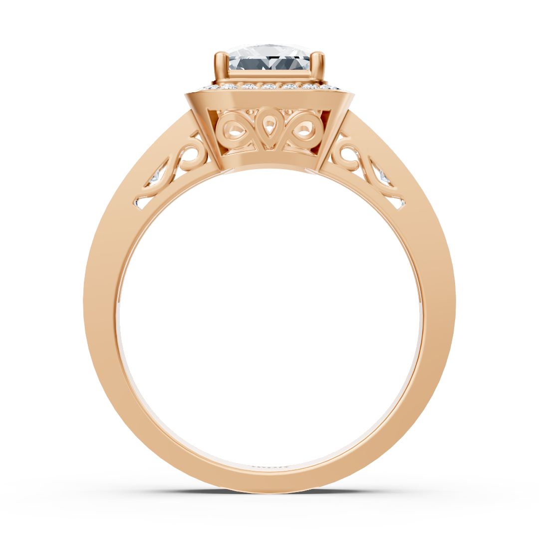 Rose gold ring with princess cut and delicate halo of lab diamonds